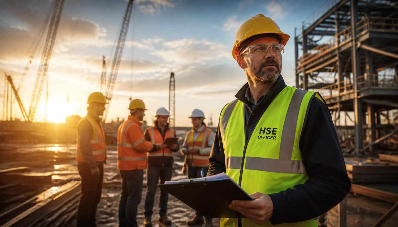 Safety officer with clipboard and construction crew in PPE at sunset